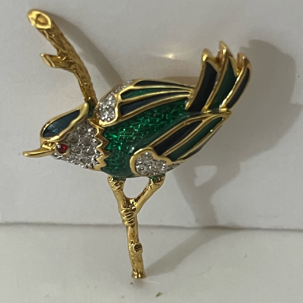 Vintage D'Orlan 22k Gold plating Bird Brooch with Red eye, emerald green & blue